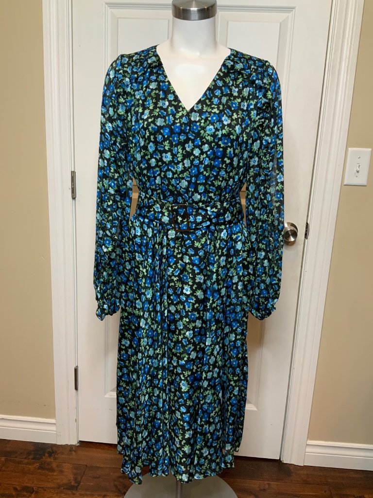 Elie Tahari Blue Black Floral Forget Me Not Belted Crepe Dress, Size 8, Nwt $495
